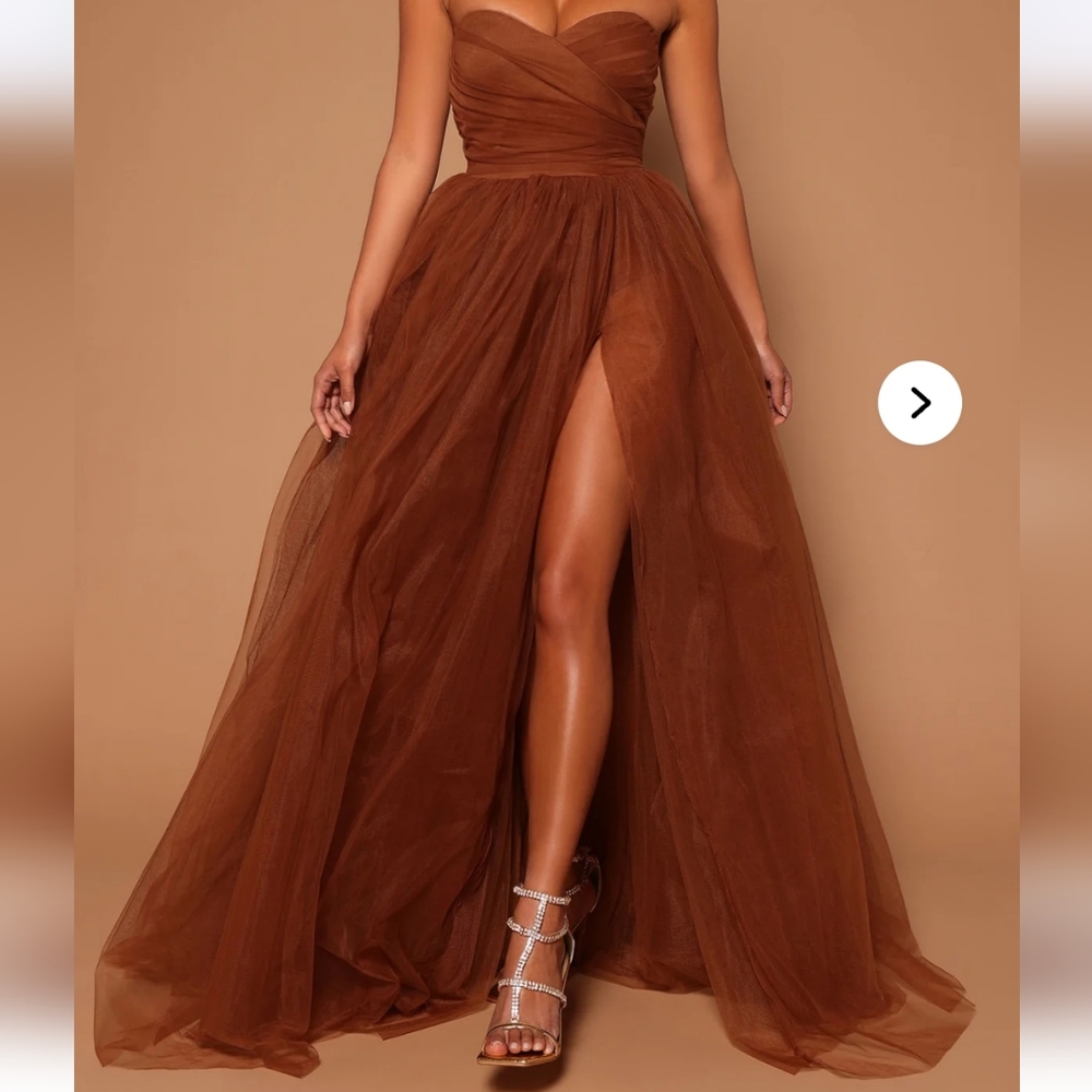 Elegant Brown Evening Gown With Added Hand Sewn Embelishments